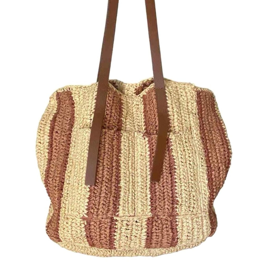 J. JILL Oversized Woven Straw Striped Tote Boho Vibes Leather Handle Market Bag